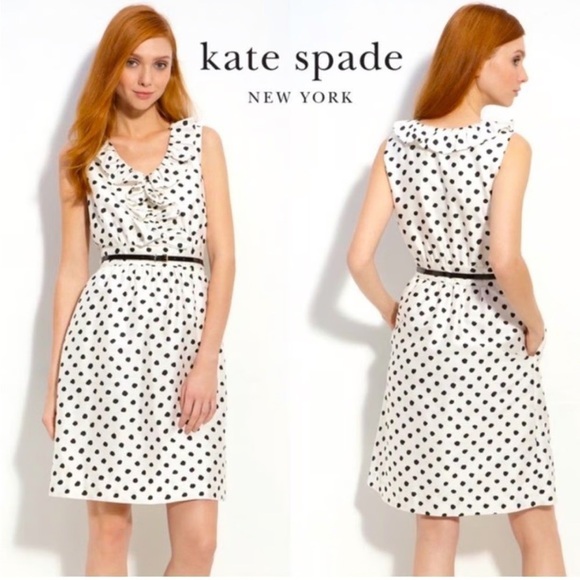 Kate Spade 100% silk white black polka dot sleeveless ruffle top dress. Size zip - Picture 1 of 16